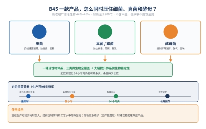 B45杀菌剂,同时解决细菌、霉菌、酵母三类微生物,长效、耐高温、不含甲醛(图1)
